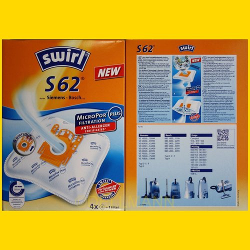 Swirl S 62 MicroPor Staubsaugerbeutel S62 - 4 Beutel + 1 Filtermatte