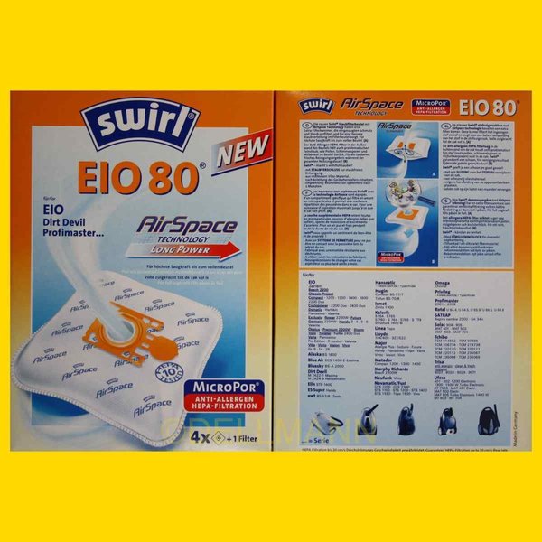 Swirl EIO 80 Staubsaugerbeutel EIO80 - 4 Beutel + 1 Filtermatte