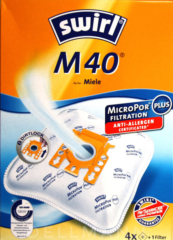 Swirl M 40 MicroPor Staubsaugerbeutel M40 - 4 Beutel + 1 Filtermatte für Miele