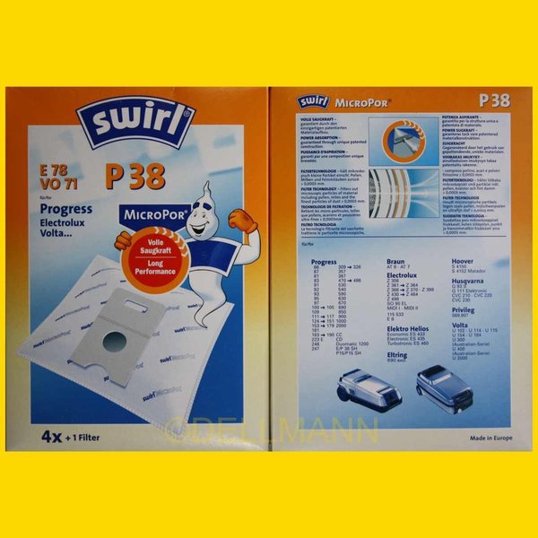 Swirl P 38 MicroPor Staubsaugerbeutel P38 - 4 Beutel + 1 Filtermatte