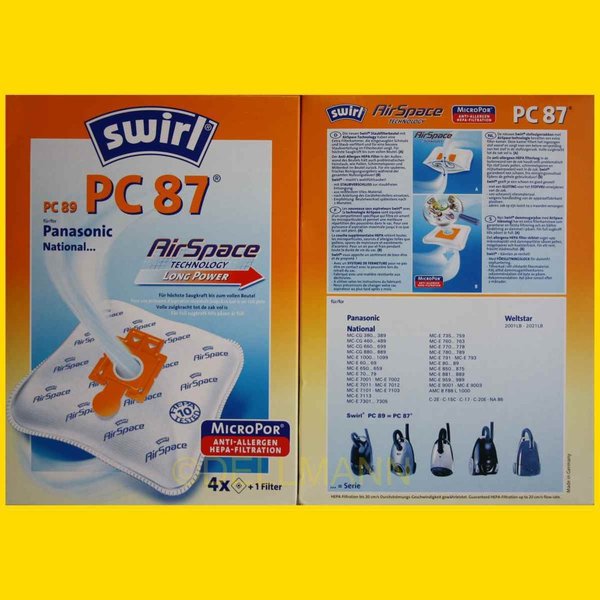 Swirl PC 87 AirSpace Staubsaugerbeutel PC87 - 4 Beutel  + 1 Filtermatte
