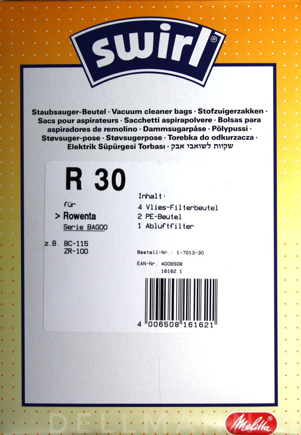 Swirl R 30 Staubsaugerbeutel R30 - 4 Beutel aus Spezialpapier für Rowenta Bagoo