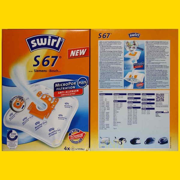 Swirl S 67 MicroPor Staubsaugerbeutel S67 - 4 Beutel + 1 Filtermatte
