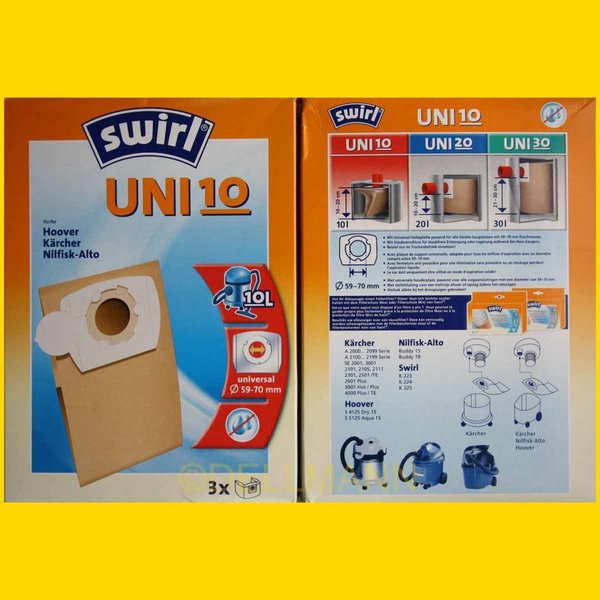 Swirl UNI 10 Papier Staubsaugerbeutel UNI10 - 3 Beutel für 10-Liter-Sauger