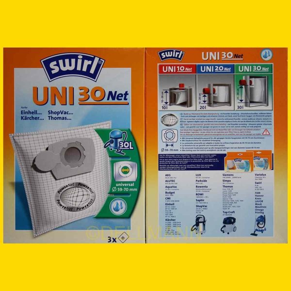 Swirl UNI 30 Net Staubsaugerbeutel UNI30 - 3 Beutel aus Spezialgewebe für Industriesauger