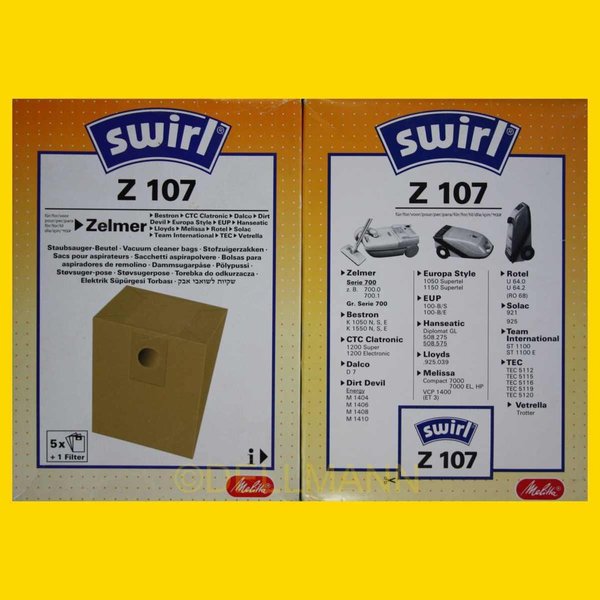 Swirl Z 107 Staubsaugerbeutel Z107 - 5 Papierbeutel + 1 Filtermatte