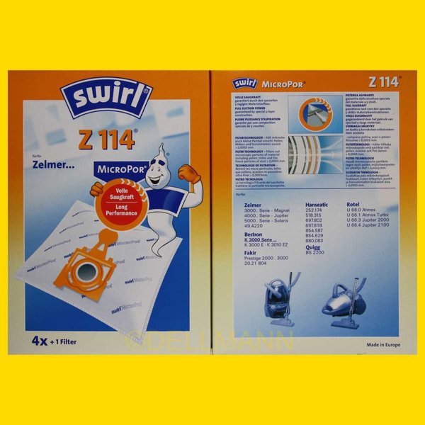 Swirl Z 114 MicroPor Staubsaugerbeutel Z114 - 4 Beutel + 1 Filtermatte