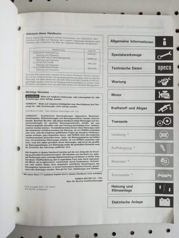 Honda Concerto 1990 - 1993 Werkstatthandbücher - 7 Handbücher