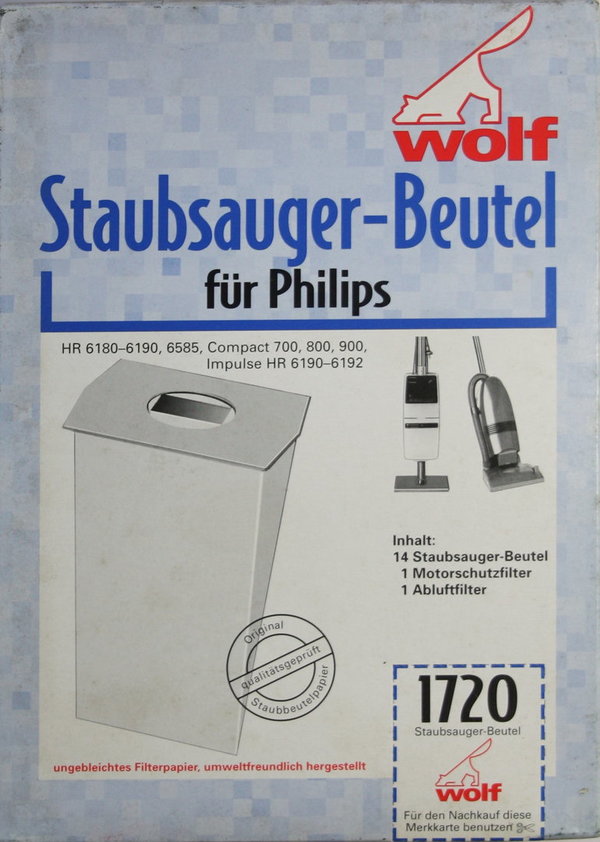 14 Staubsaugerbeutel Wolf 1720 für Philips HR 6180-6190