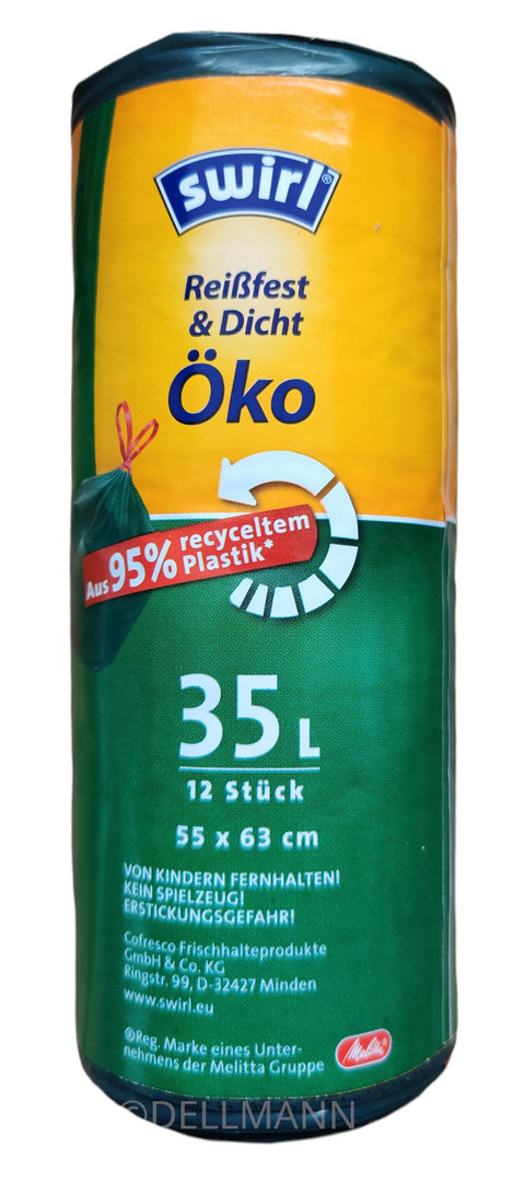 Swirl Öko Müllbeutel 35 Liter mit Zugband (12 Btl/Rolle) reißfest und dicht