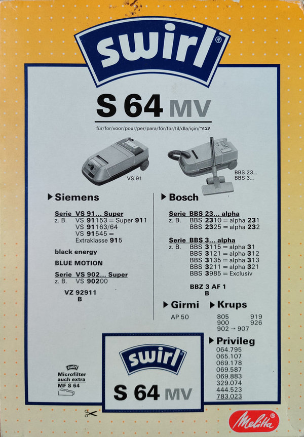 Swirl S 64 MV Staubsaugerbeutel S64 MV - 5 Beutel  4006508134588