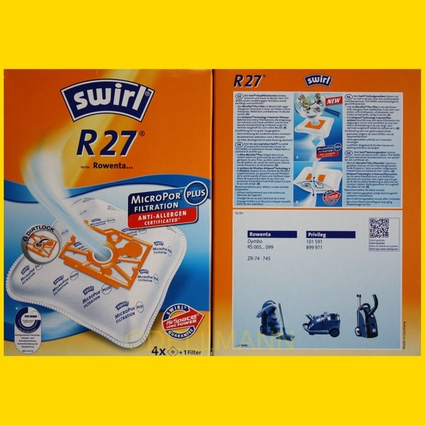 Swirl R 27 MicroPor Plus Staubsaugerbeutel R27 - 4 Beutel für Rowenta